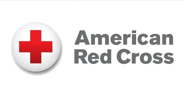A red cross button with the american red cross logo.