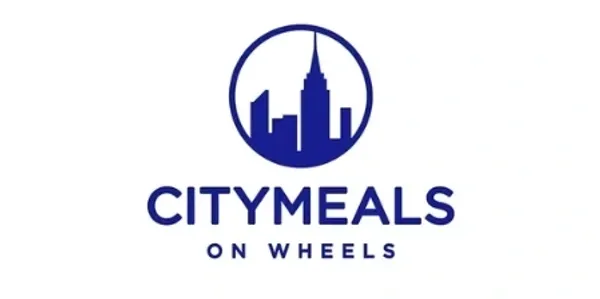 A blue and white logo of citymeals on wheels.